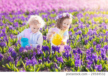 plant flowers,overflowers 图库照片: kids plant and water flowers in spring garden