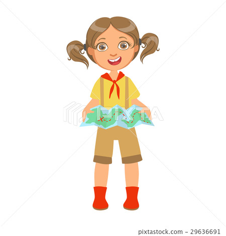 插图素材: happy girl scout holding a tourist map, a colorful