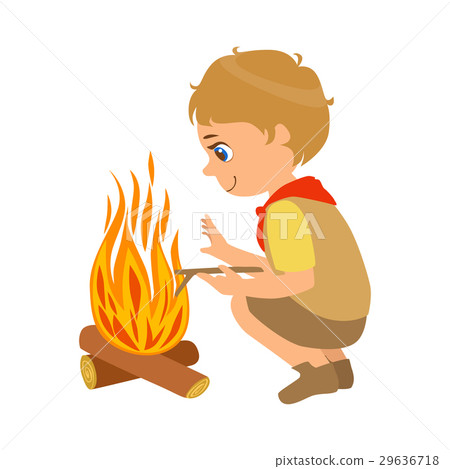 图库插图: boy scout squatting near the bonfire, a colorful