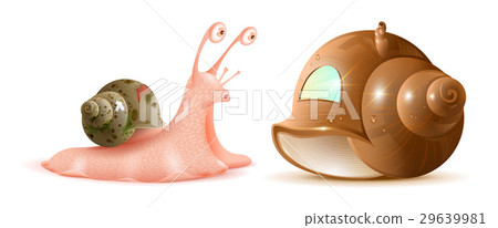 图库插图: cartoon snail looks at new shell of house. buying