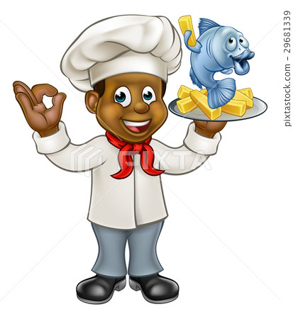 图库插图: cartoon black chef fish and chips