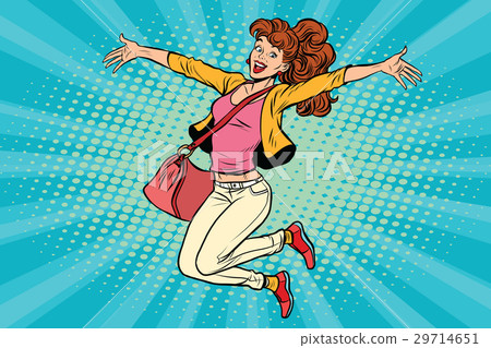 图库插图: young woman jumping, lifestyle