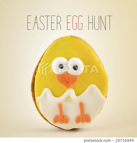 图库照片: text easter egg hunt and chick in an egg