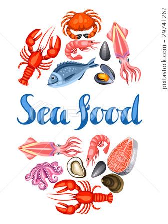 插图素材: background with various seafood. illustration of