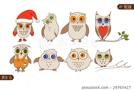 插图素材: set of cute owls. vector cartoon birds
