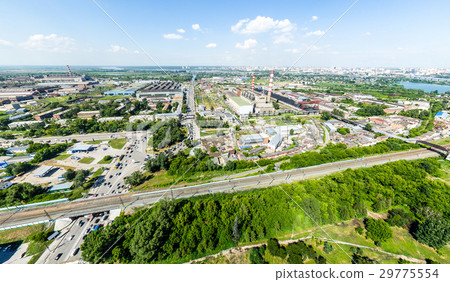 图库照片: aerial city view with roads, houses and buildings.