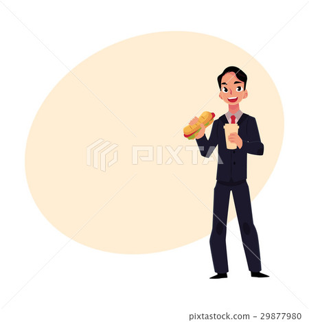 插图素材: young businessman in business suit eating sandwich