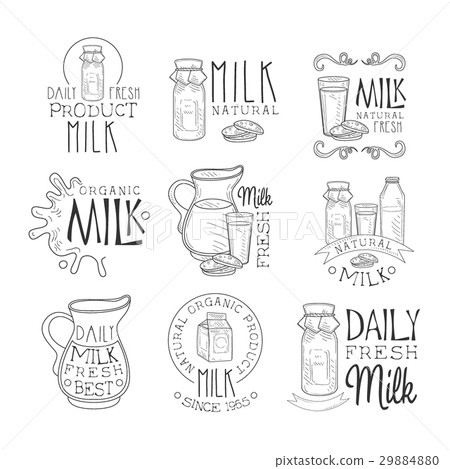 插图素材: best organic milk product set of hand drawn black