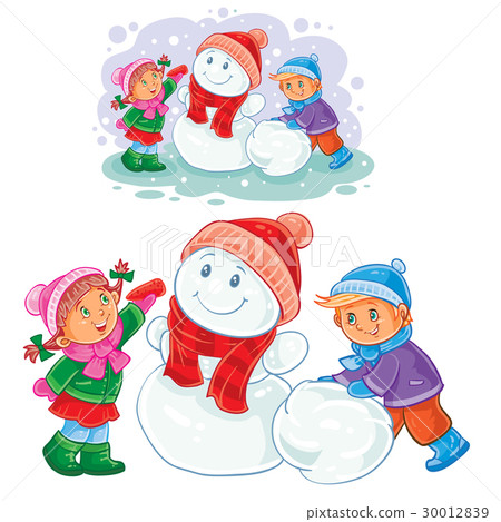 图库插图: winter illustration of small children make snowmen