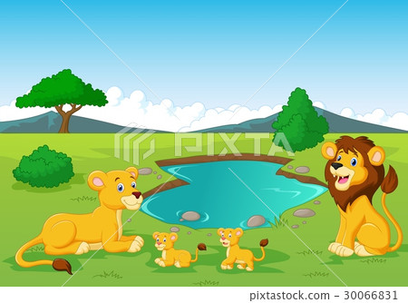 图库插图 cartoon lion family near watering hole