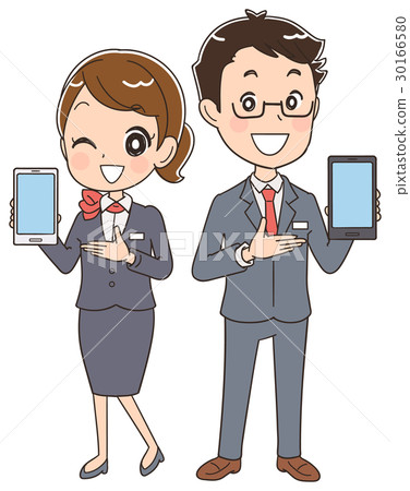 职业_上班族 销售人员_客户服务 店员 插图 介绍智能手机的男性和女性