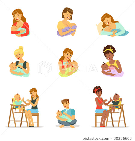 图库插图 mom and dad feeding their babies set for label