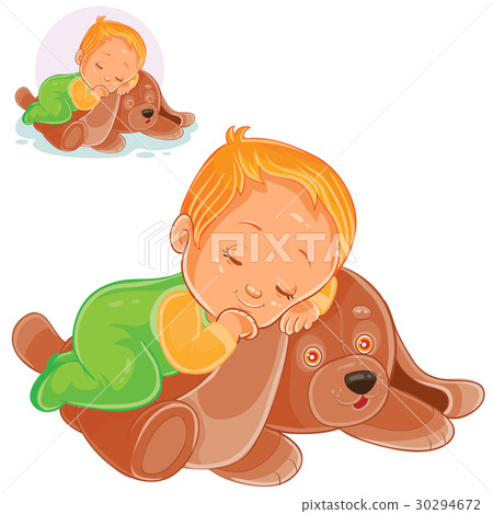 插图素材: vector little baby asleep on a plush dog.