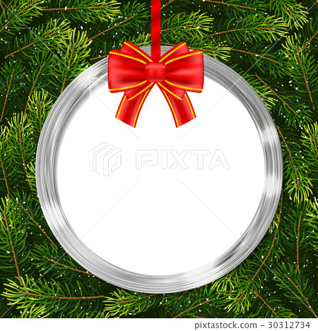 插图素材: holiday gift card with christmas ball, bow and fir