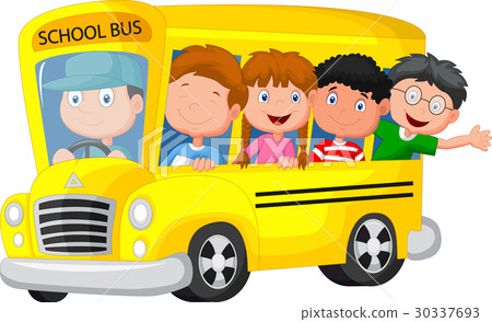 图库插图: school bus with happy children