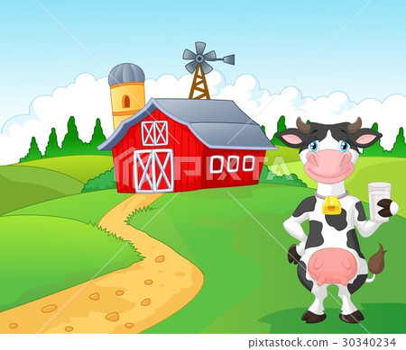 插图素材: cartoon cow holding a glass of milk with farm back