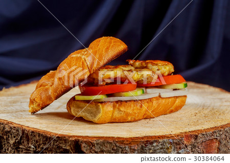 图库照片: chicken sandwich with onion tomato cucumber