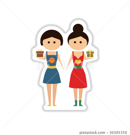 插图素材: paper sticker on white background two girls gifts