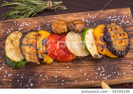 图库照片: vegetables fried on a grill, vegetable marrows, on