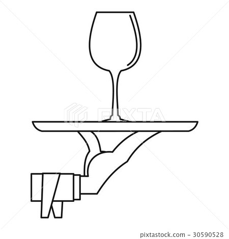 图库插图: glass of wine on a tray icon, outline style