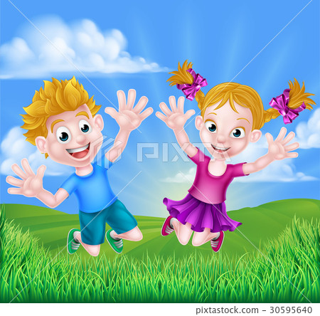 图库插图 happy cartoon children jumping