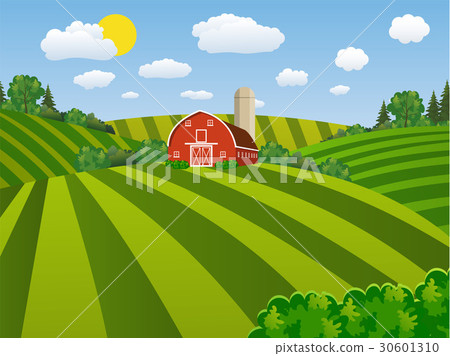 图库插图: cartoon farm green seeding field