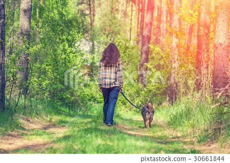 图库照片: young woman with dog walking in the forest