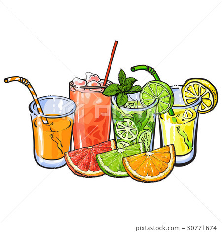 图库插图: orange, grapefruit, lime, lemon juice and fruit