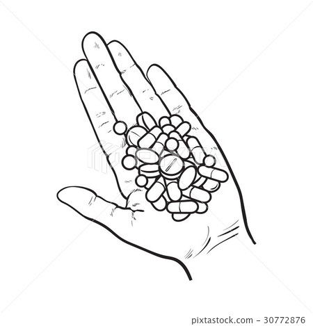 插图素材: hand holding pile ofpills, tablets in open palm 查看