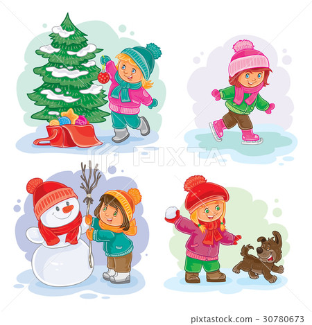 插图素材: set vector winter icons with little children