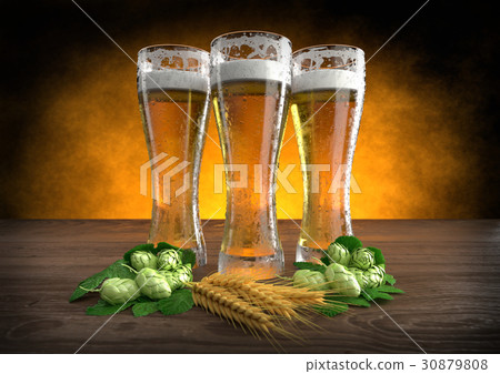 插图素材: three glasses of beer with barley and hops. 3d