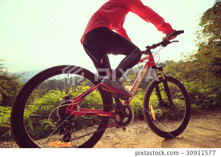 图库照片: woman cyclist riding mountain bike on forest trail