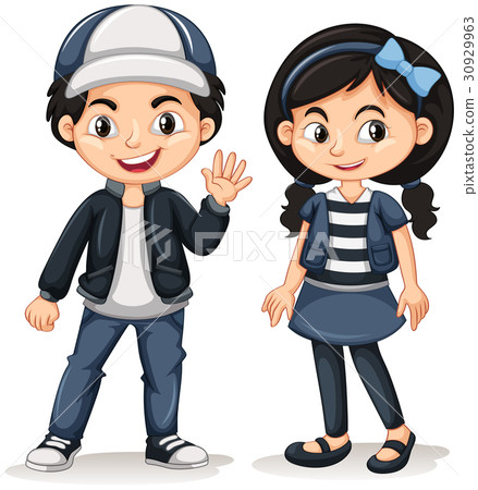 插图素材: asian boy and girl waving hello