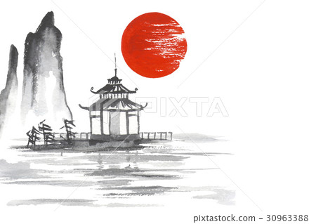 Japan Traditional Japanese Painting Sumi E Art Sun Stock Illustration