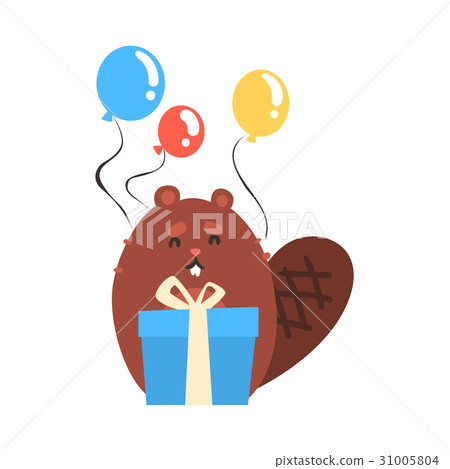 插图素材: cute cartoon beaver holding blue gift box and