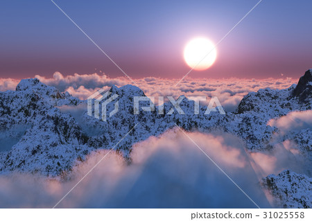 插图素材: mountain sunset beyond the clouds