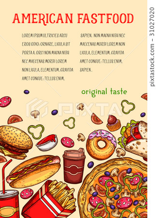 插图素材: american fast food meal and drink sketch poster