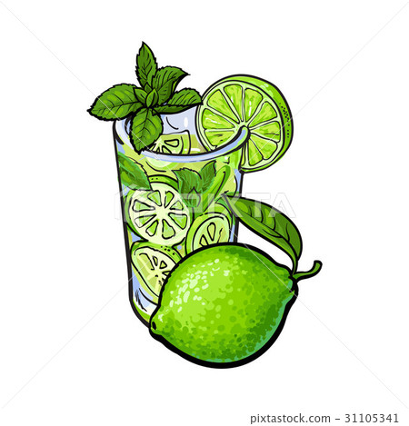 插图素材: whole lime and glass of juice, mojito, cocktail