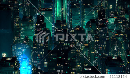 图库插图: green neon city skyscrapers modern technology