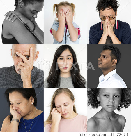 图库照片: collage of people face expression worried unhappy