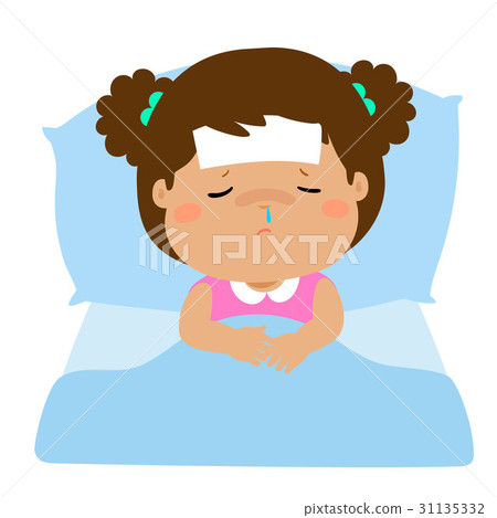 插图素材: little sick girl sleep in bed vector.
