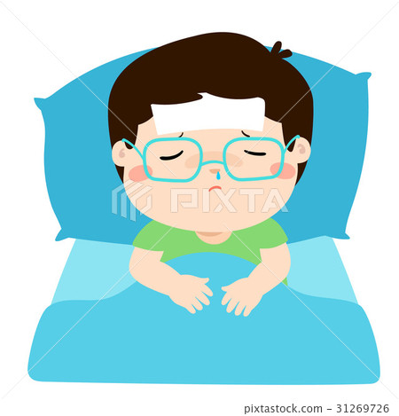 图库插图: little sick boy in bed cartoon vector.