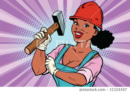 插图素材: construction worker with hammer. woman