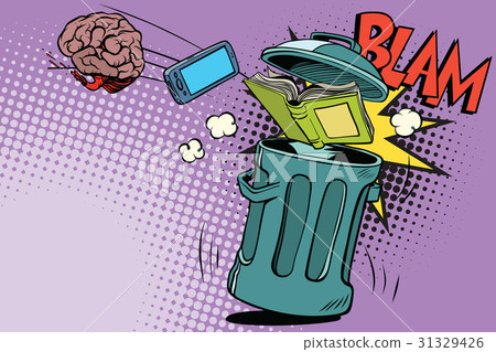 图库插图: brain electronics and a book thrown in the trash
