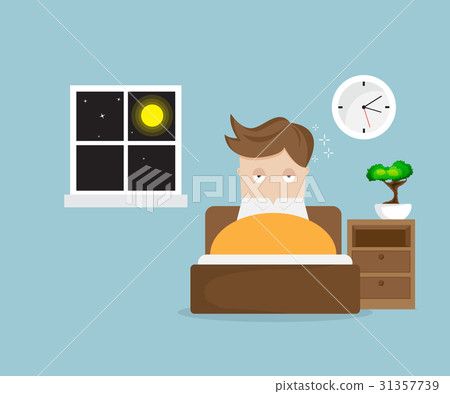 插图素材: sleepless man cartoon character on bed in night