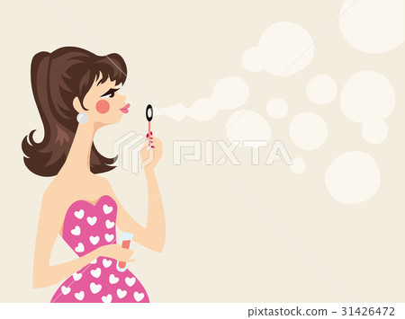 blowing, 图库插图: beautiful woman in pink dress blowing soap bubbles