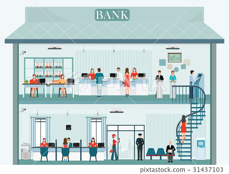 图库插图: bank building exterior , interior counter service.