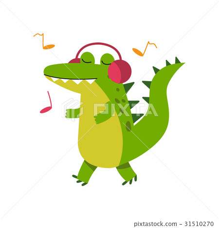 插图素材: funny cartoon crocodile character in headphones