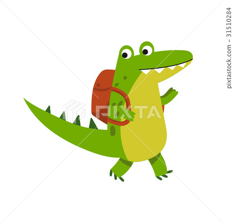 图库插图: cute cartoon crocodile character walking with