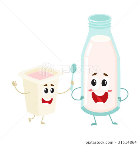 图库插图: funny milk bottle, yogurt cup characters with